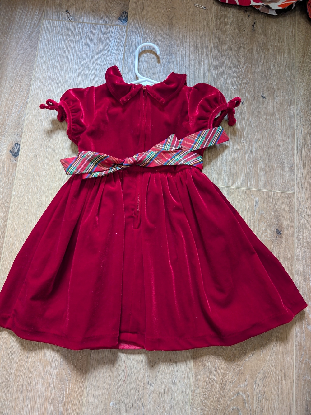 Red Velvet Holiday Dress with Plaid Sash - 2T